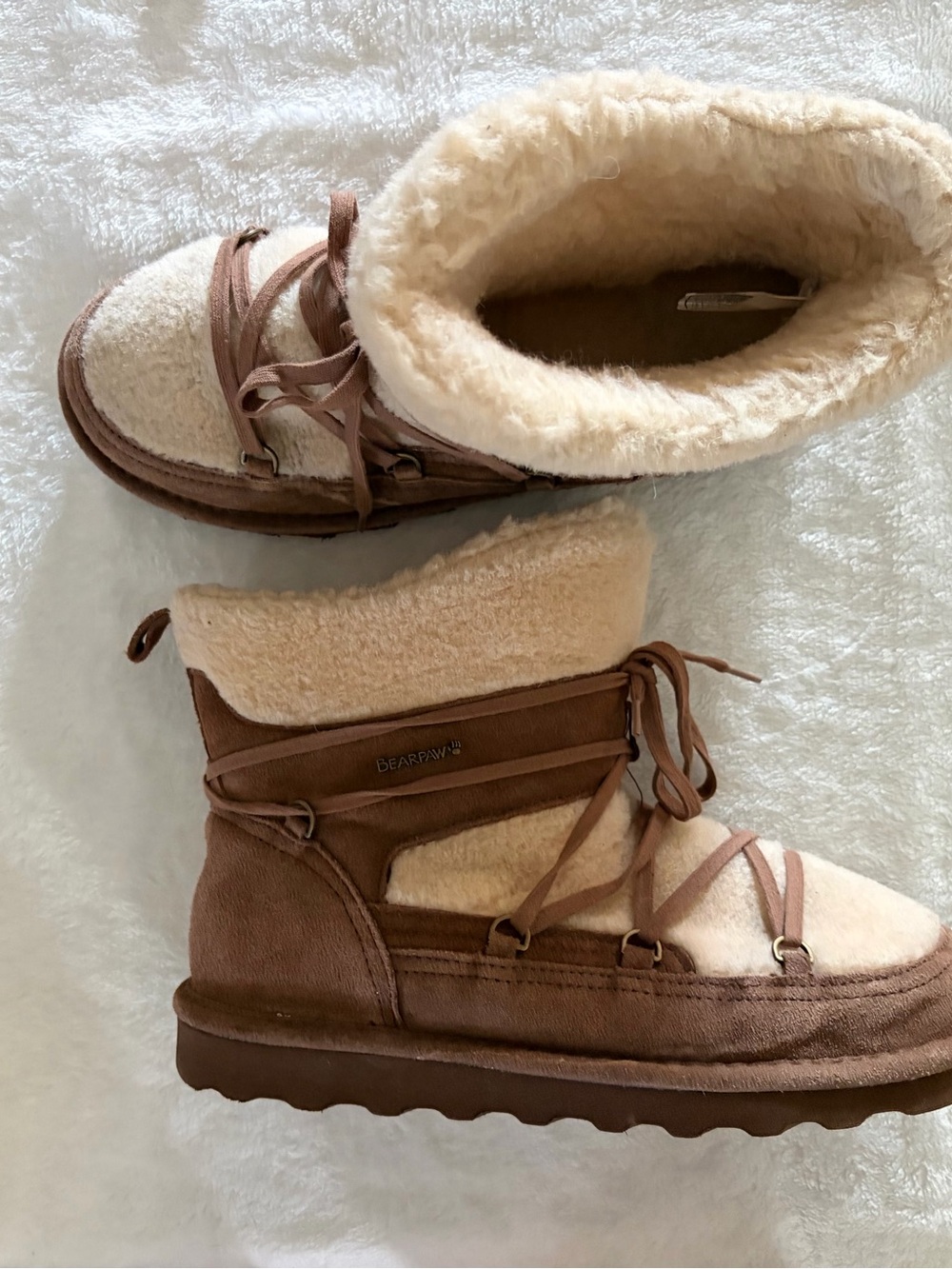 BearPaw Brown and Cream Lace-Up Shearling Winter Boots